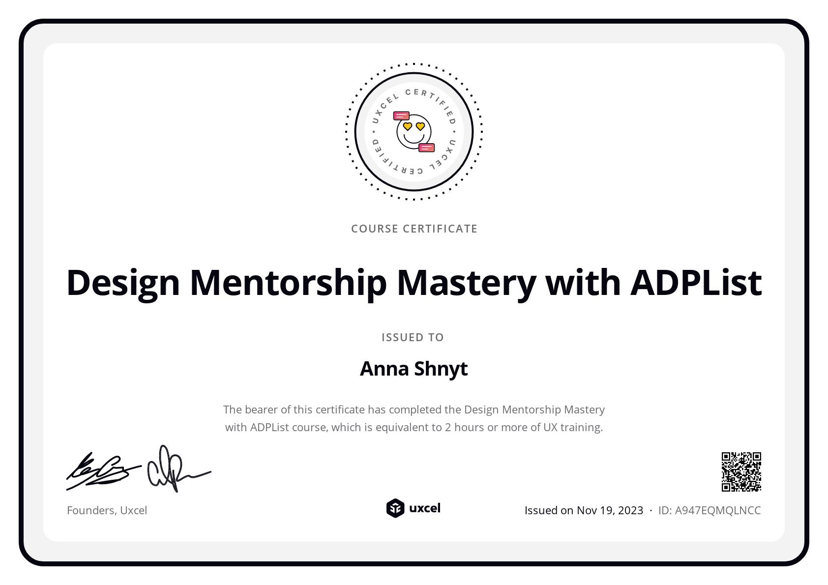 Anna Shnyt's certificate